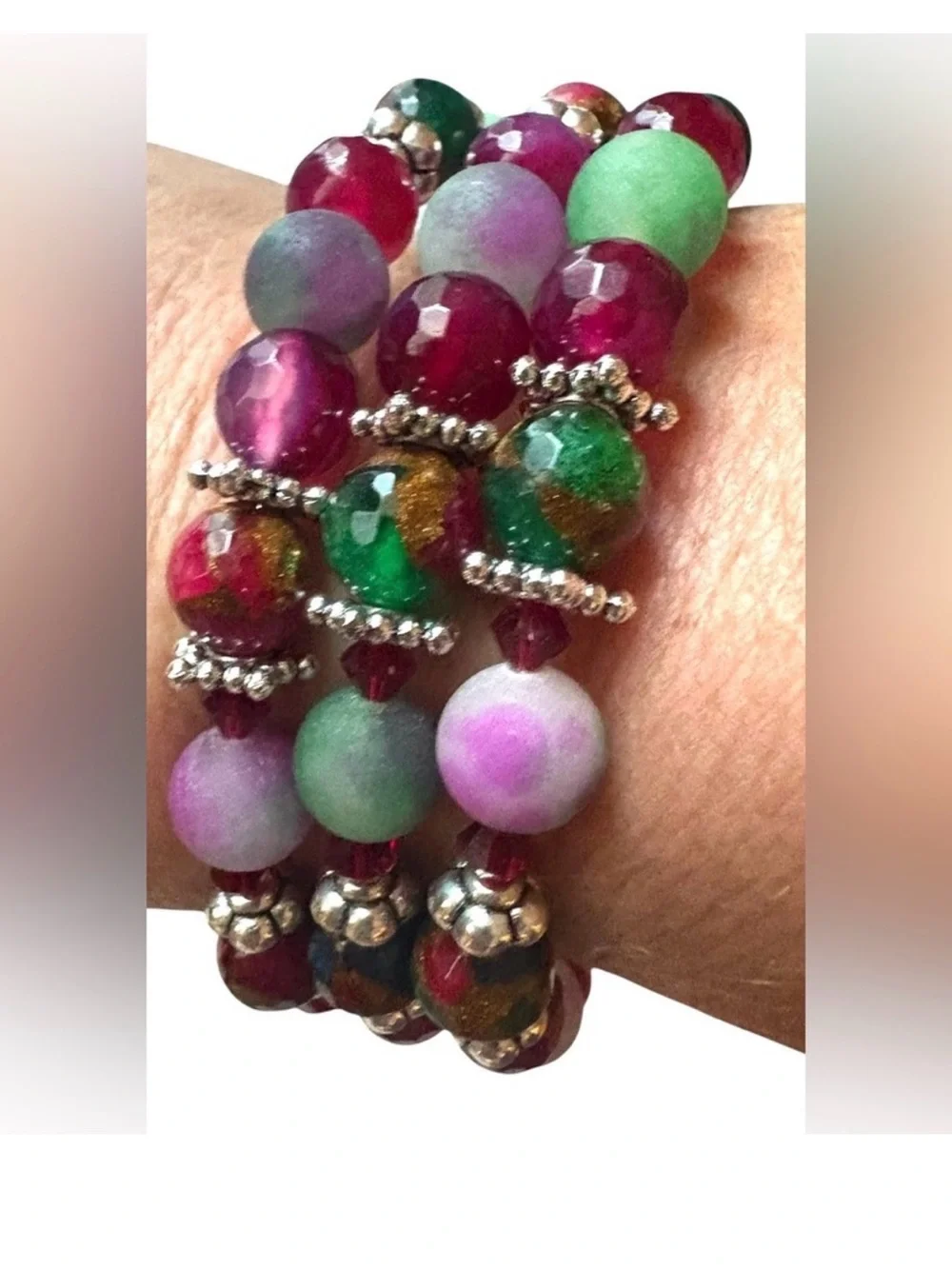 Faceted Agate, Watermelon Tourmaline and Swarovski Crystals Wrap Bracelet